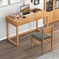 Minimalist Natural Wooden Desk Setup With Laptop Green Plant Wall Art And Glass Door Bookshelf