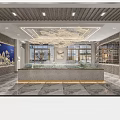 Luxurious Sales Office Interior With Elegant Chandelier Display Counter And Decorative Shelves
