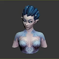 Elf Character With Blue Hair And Intricate Decorative Upper Body Patterns