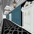 Elevator Hallway With Classic Chandeliers Circular Floor Pattern And Elegant Wall Design 3d model