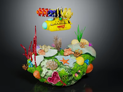 Cartoon Underwater Scene Featuring Yellow Submarine Colorful Characters Corals Starfish And Seaweed 3d model