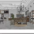 Dessert Shop Modern Interior Design With Bar Counter Stools Wooden Shelves Chandelier And Plants