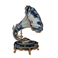 Vintage Gramophone With Blue And White Horn Golden Decorations And Carved Base