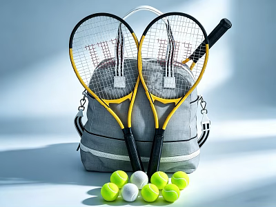 Tennis Sports Equipment With Yellow Rackets Gray Bag And Green White Balls 3d model
