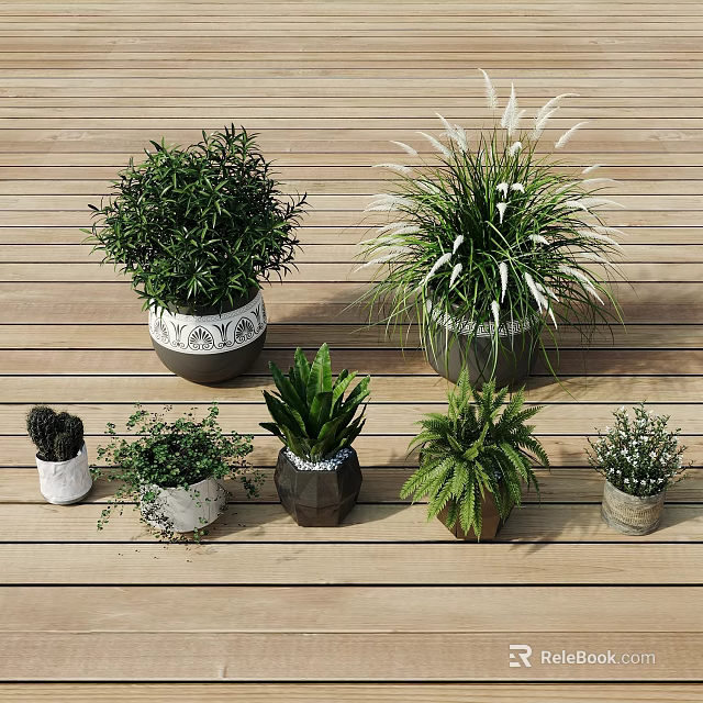 Various Hanging Basket Green Plants with Different Types and Flower Pot Styles on Wooden Floor 3d model 