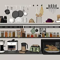 Organized Kitchen Shelves With Clear Spice Jars Dry Ingredients And Appliances