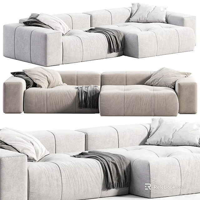 Modern Light Gray Sectional Sofa With Pillows And Throw Blankets 3d model 