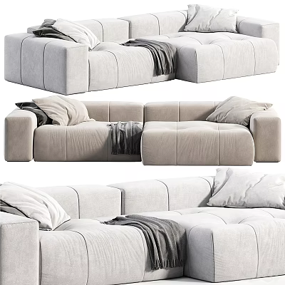 Modern Light Gray Sectional Sofa With Pillows And Throw Blankets 3d model