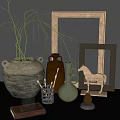 Decorative Ornament Collection With Clay Pot Wooden Horse Picture Frames And Green Plants