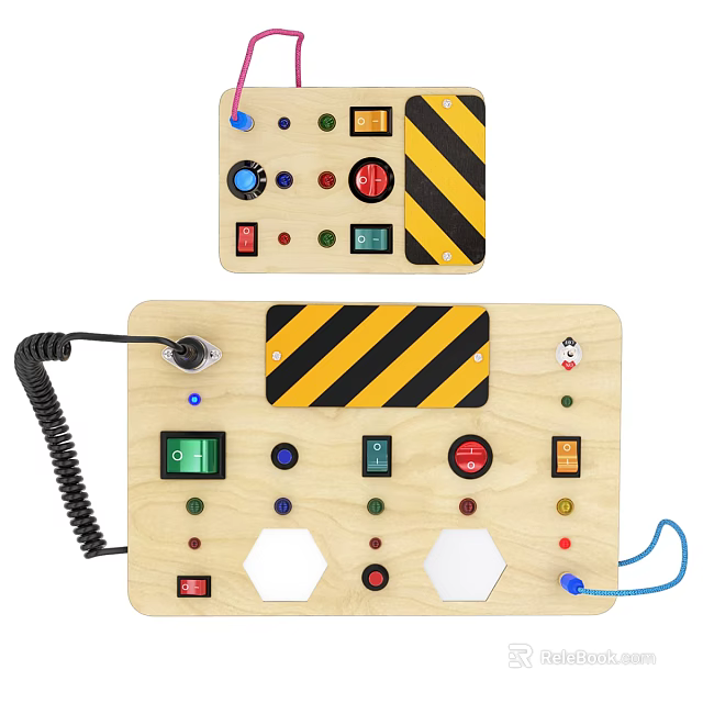 Wooden Sensory Activity Panel With Colorful Buttons Switches Knobs And Warning Stripes 3d model