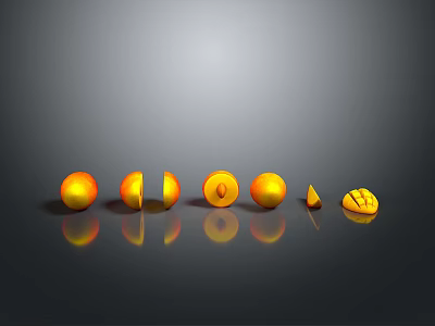 Different Stages of Orange Slices Arranged on Gray Background with Reflection 3d model