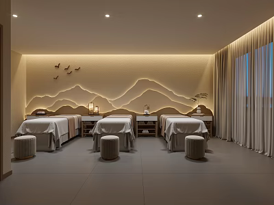 SPA Sauna Room With Massage Beds Stools And Mountain Shaped Wall Decor 3d model