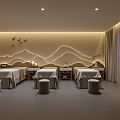 SPA Sauna Room With Massage Beds Stools And Mountain Shaped Wall Decor