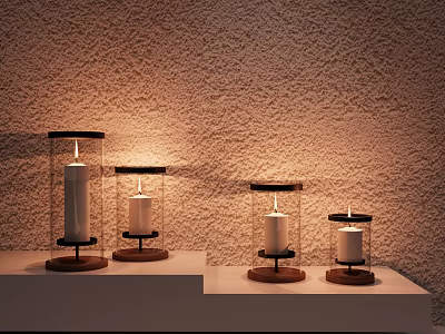 Decorative Ornament Set with Glass Covered Candle Holders Wooden Bases on Light Colored Shelf 3d model