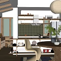 Modern Restaurant Interior With Wooden Dining Table Open Shelves Tile Backsplash And Natural Light
