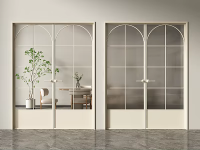 Light Double Doors With Arched Glass Panes in Interior Featuring Plant Furniture And Gray Floor 3d model