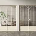 Light Double Doors With Arched Glass Panes in Interior Featuring Plant Furniture And Gray Floor