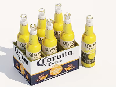 Corona Extra Beer Pack With Six Bottles In Box And One Yellow Bottle 3d model