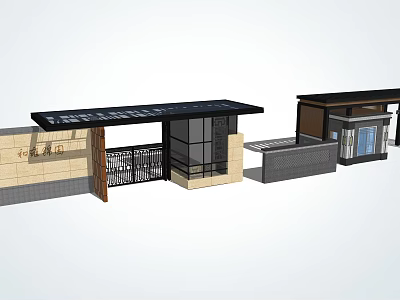 Modern Entrance Gate Architectural Design With Metal Frame Glass Panels And Brick Walls 3d model