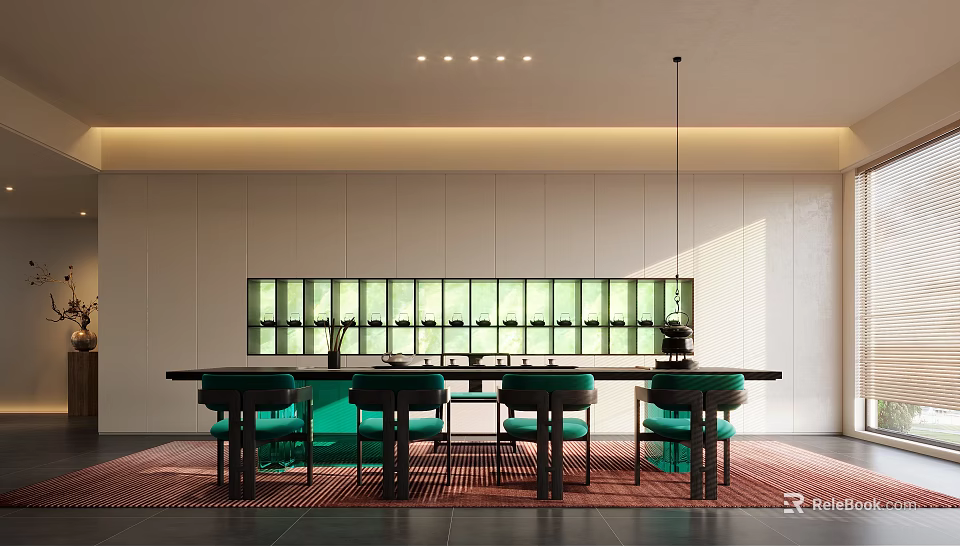 Modern Tea Room Interior With Green Chairs And Wooden Table Tea Display Shelves 3d model 