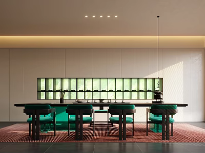 Modern Tea Room Interior With Green Chairs And Wooden Table Tea Display Shelves 3d model