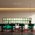 Modern Tea Room Interior With Green Chairs And Wooden Table Tea Display Shelves