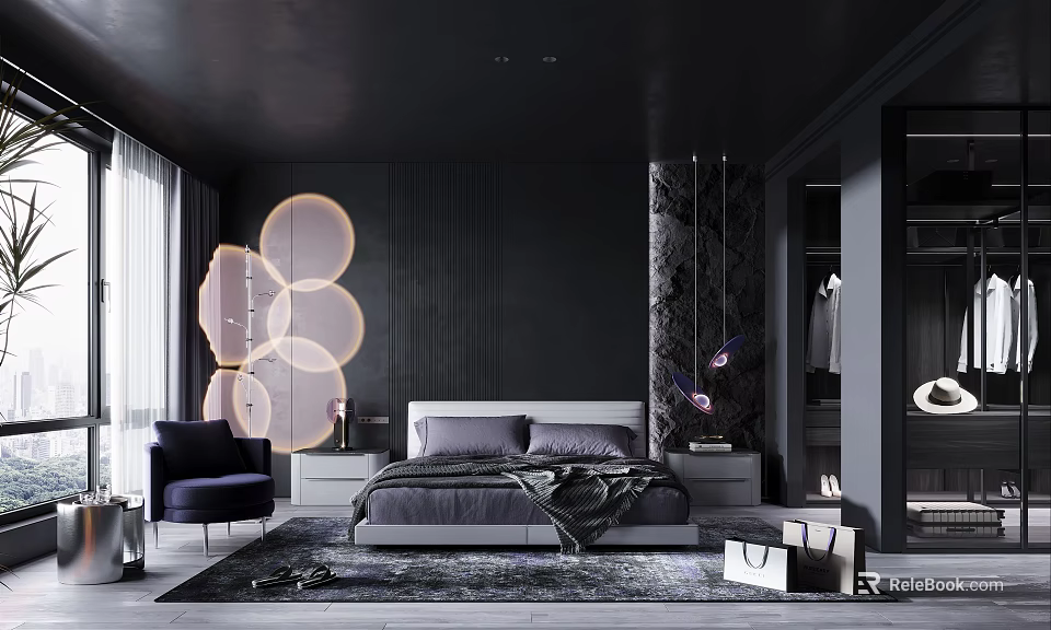 Dark Modern Bedroom Interior With Circular Decorative Lights Gray Bedding And Dark Walls 3d model 