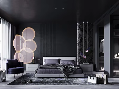 Dark Modern Bedroom Interior With Circular Decorative Lights Gray Bedding And Dark Walls 3d model