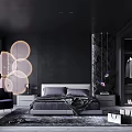 Dark Modern Bedroom Interior With Circular Decorative Lights Gray Bedding And Dark Walls