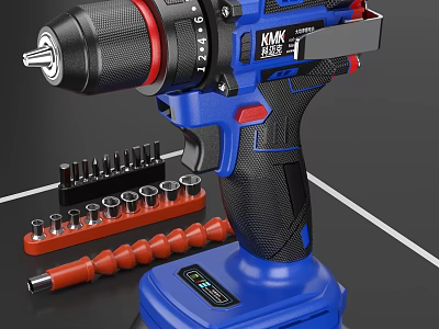 Blue Cordless Drill Hardware Tool With Rechargeable Battery And Socket Set Accessories 3d model