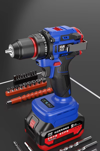Blue Cordless Drill Hardware Tool With Rechargeable Battery And Socket Set Accessories 3d model