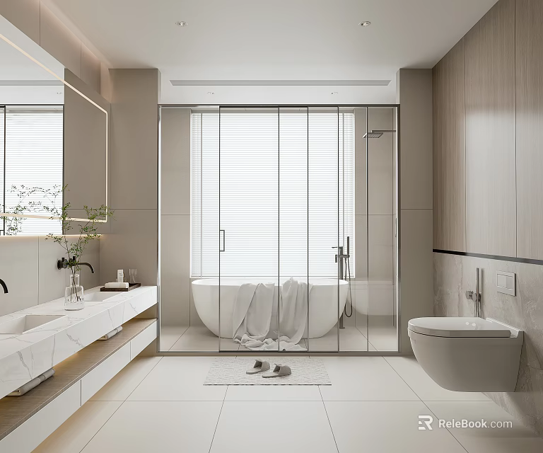 Modern Bathroom Interior with White Bathtub Glass Shower Enclosure Marble Vanity and Wooden Accents 3d model 