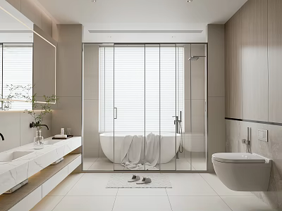 Modern Bathroom Interior with White Bathtub Glass Shower Enclosure Marble Vanity and Wooden Accents 3d model