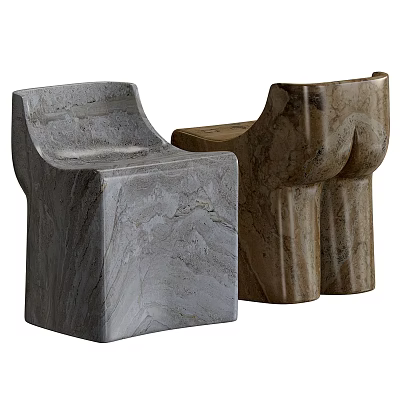 Stylish Two Gray And Brown Marble Single Chairs With Modern Design 3d model
