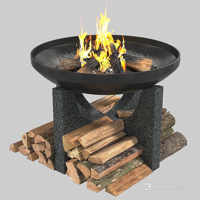 Garden Decorative Fire Pit With Stone Stand And Stacked Firewood Burning Flames 3d model 