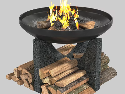 Garden Decorative Fire Pit With Stone Stand And Stacked Firewood Burning Flames 3d model