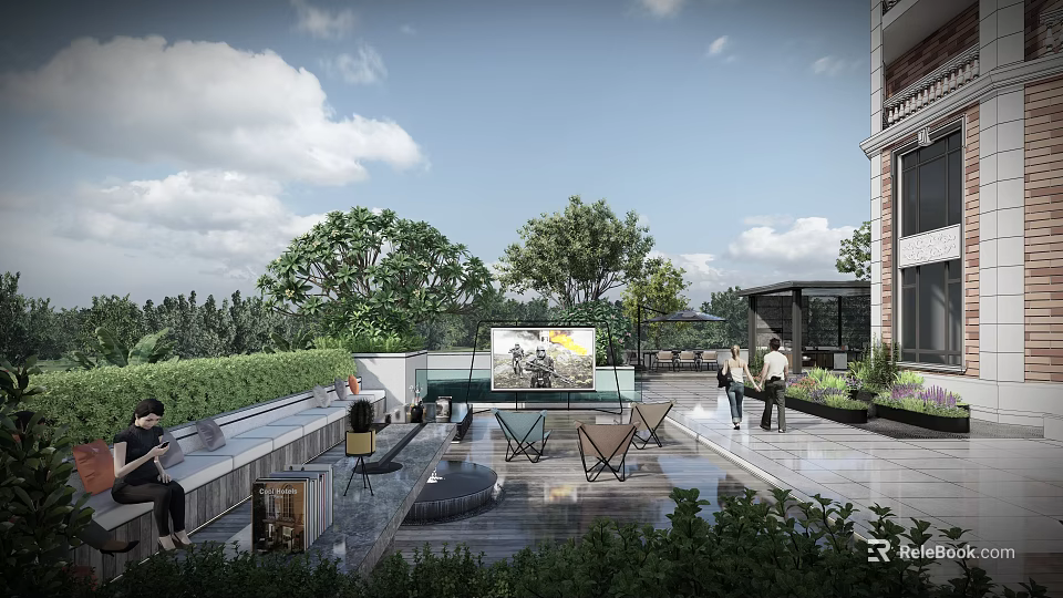 Beautiful Courtyard Garden Featuring Wooden Deck Outdoor Seating Shaded Area And Lush Greenery 3d model 
