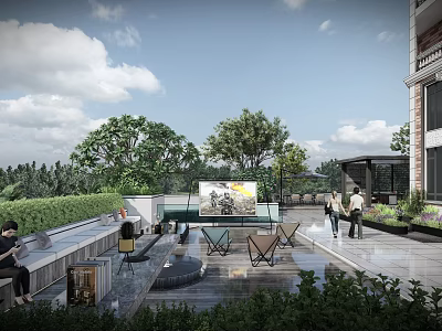 Beautiful Courtyard Garden Featuring Wooden Deck Outdoor Seating Shaded Area And Lush Greenery 3d model