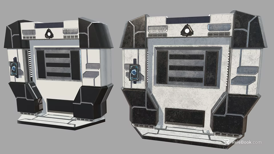 Two Science Fiction Mechanical Devices With Black And Silver Panels And Control Buttons 3d model