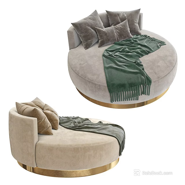 Gray And Beige Round Single Sofa With Pillows Green Blanket And Gold Base 3d model 
