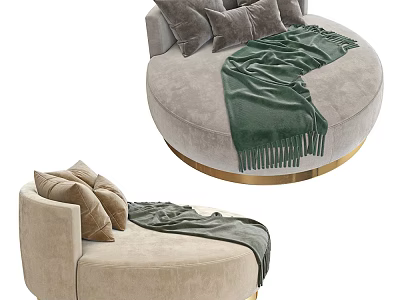 Gray And Beige Round Single Sofa With Pillows Green Blanket And Gold Base 3d model