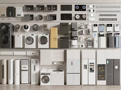 Various Modern Household Appliances Display Including Washing Machines Refrigerators Air Conditioners And Ovens 3d model