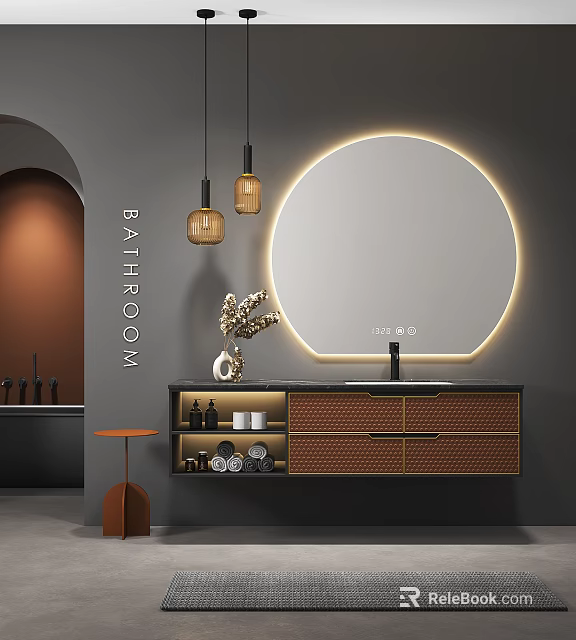 Modern Elegant Bathroom Vanity With Round Backlit Mirror Pendant Lights And Storage Cabinet 3d model 