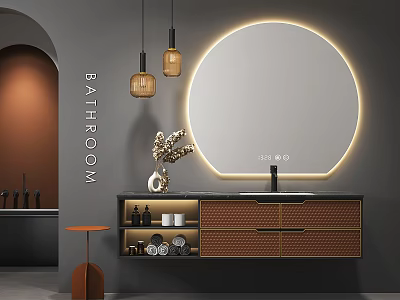 Modern Elegant Bathroom Vanity With Round Backlit Mirror Pendant Lights And Storage Cabinet 3d model
