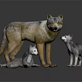 Adult Wolf Standing With Two Playful Wolf Cubs On Dark Reflective Surface