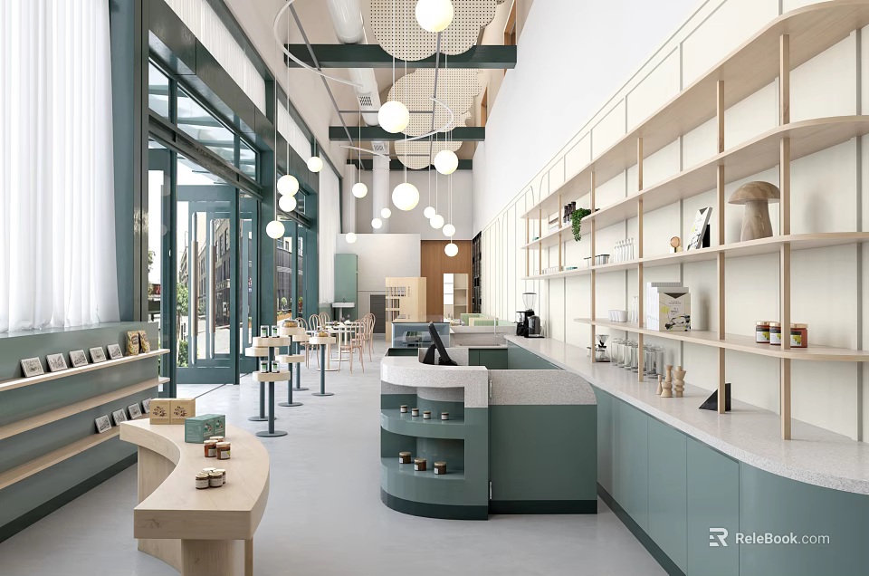 Modern Dessert Shop Interior With Light Green Cabinets Wooden Shelves Pendant Lights And Tables Chairs 3d model 