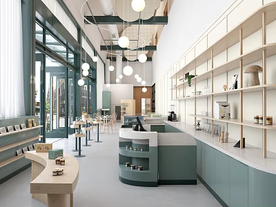 Modern Dessert Shop Interior With Light Green Cabinets Wooden Shelves Pendant Lights And Tables Chairs 3d model