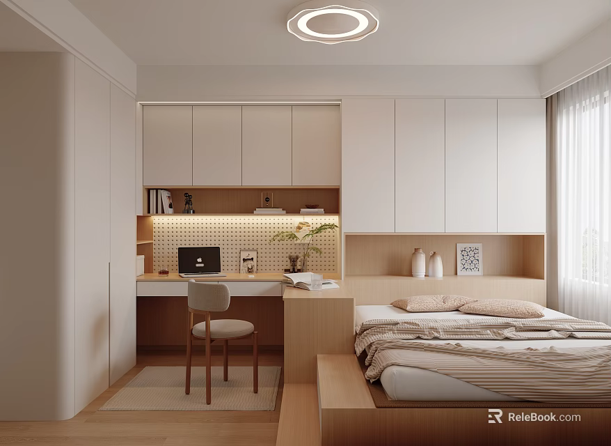 Modern Tatami Bedroom Interior With Writing Desk Computer Green Plant And White Cabinets 3d model 
