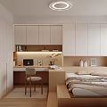 Modern Tatami Bedroom Interior With Writing Desk Computer Green Plant And White Cabinets
