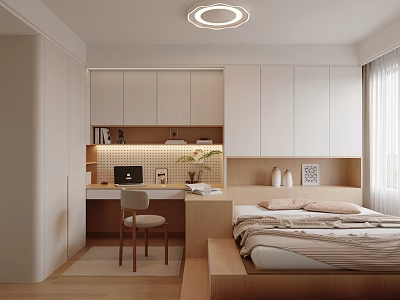 Modern Tatami Bedroom Interior With Writing Desk Computer Green Plant And White Cabinets 3d model